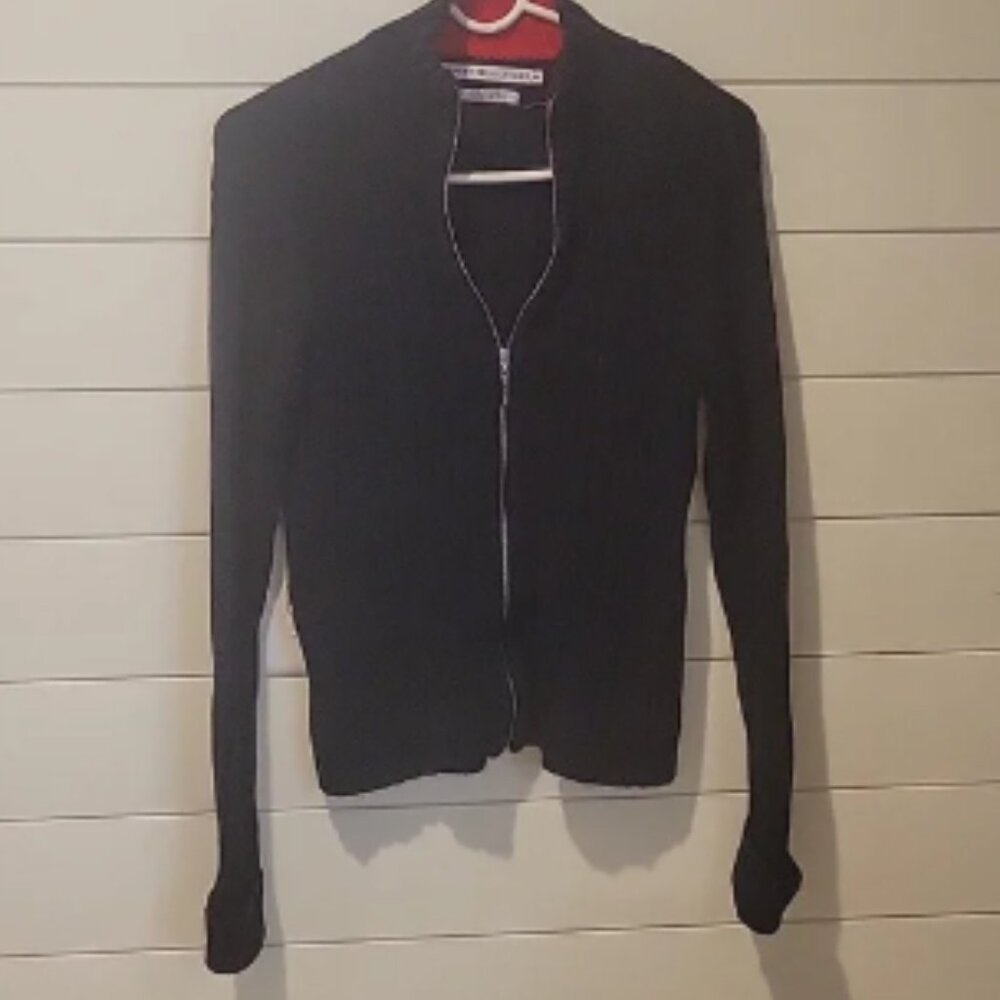 TOMMY HILFIGER CABLE KNIT RIBBED FULL ZIP CARDIGAN SIZE M BLUE/RED
